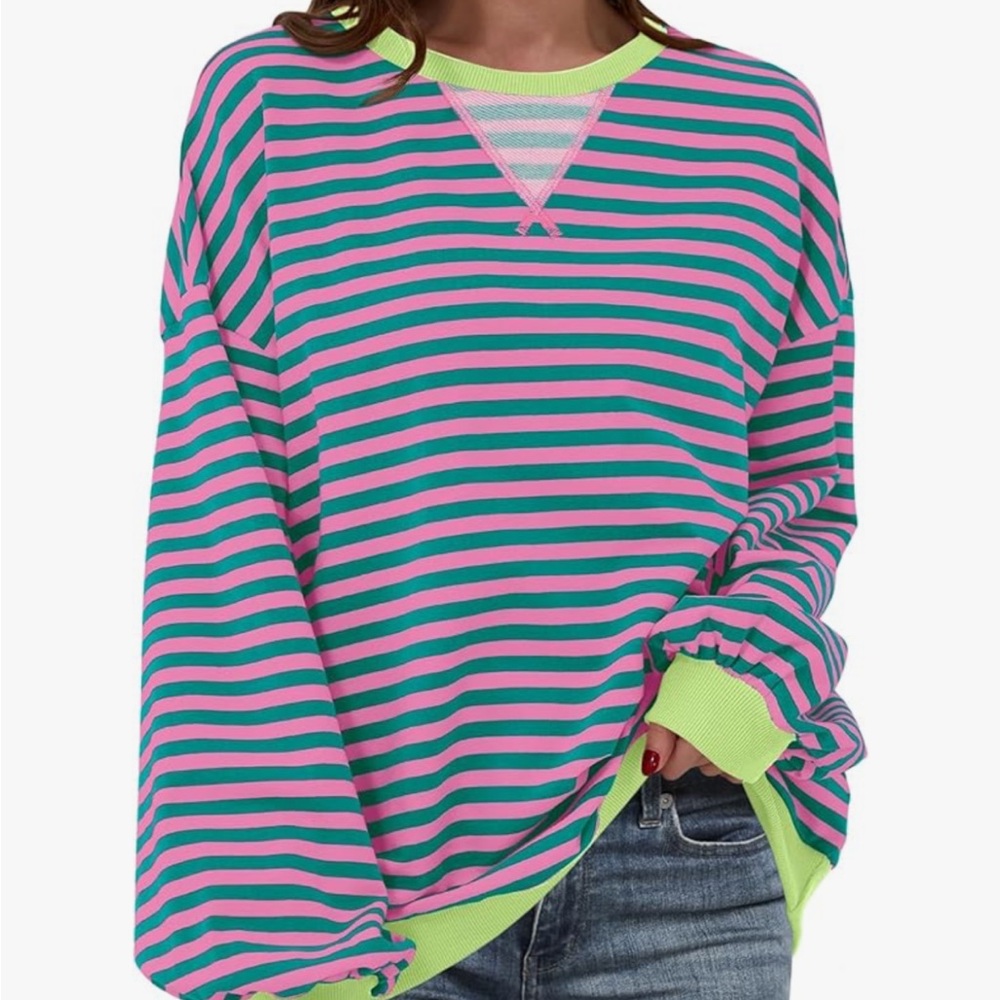 Anxpress Pink & Teal Striped Long Sleeve Tee